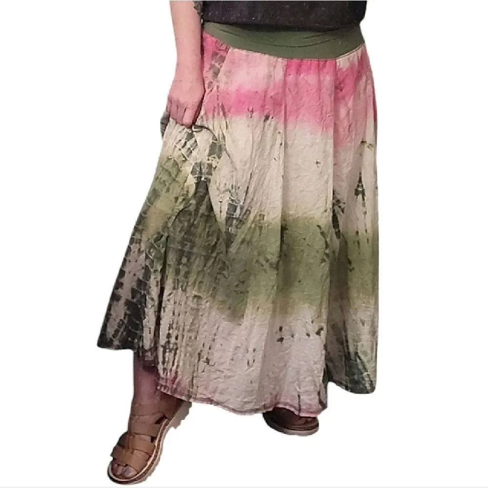 VTG Y2K Green Pink Tie Dye Fold Over Fairycore Gypsy Midi Skirt *Fits Like Large - Picture 4 of 9